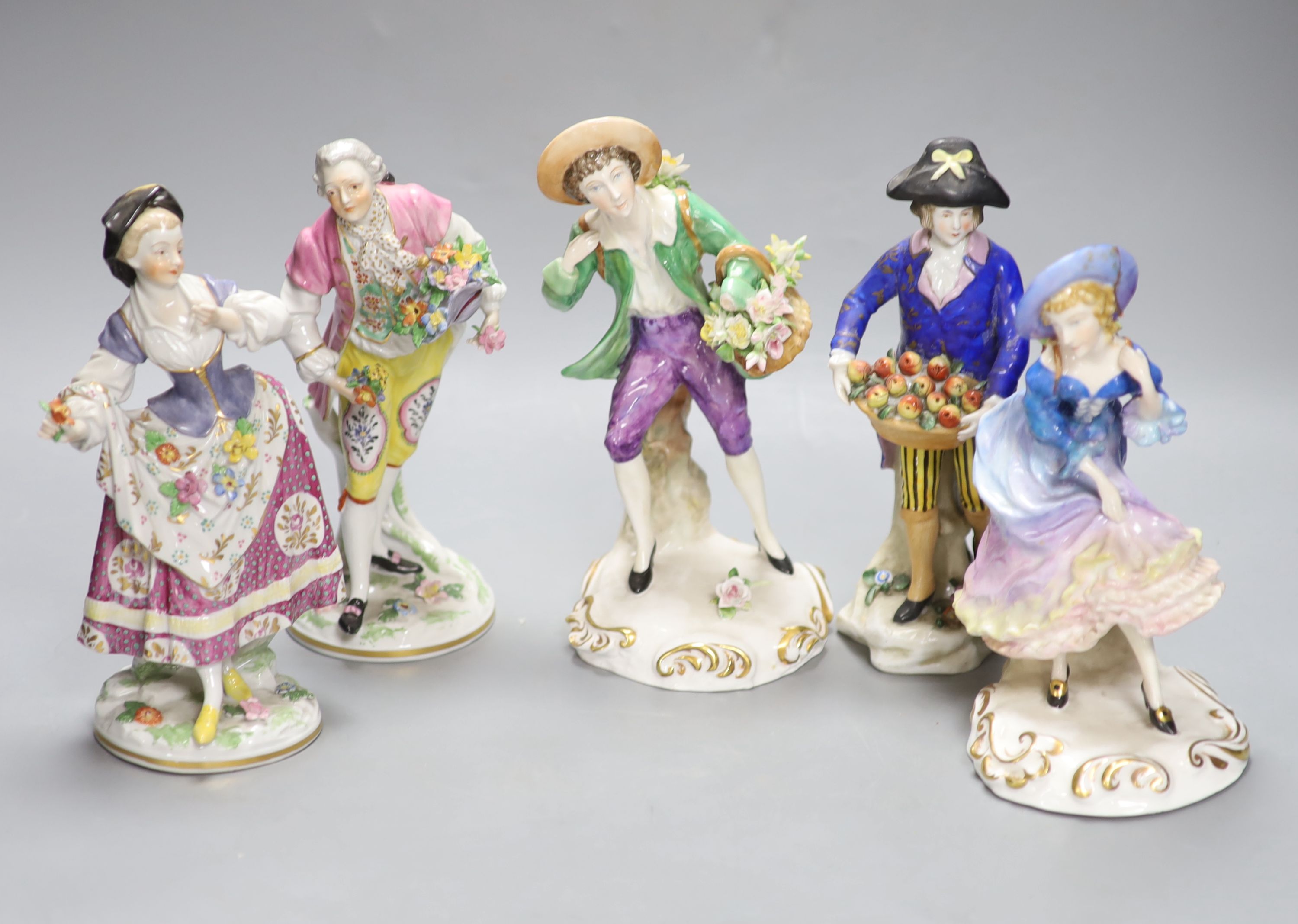 Five Continental figurines of fruit and flower sellers